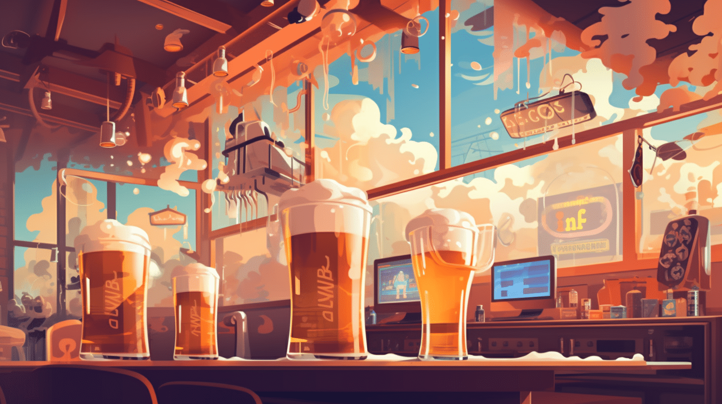 Dim_cozy_pub_big_glass_mugs_with_beer_with_a_lot_of_foam_spilli_fbcf2b24-9692-4a4b-a906-0486cbb15a84